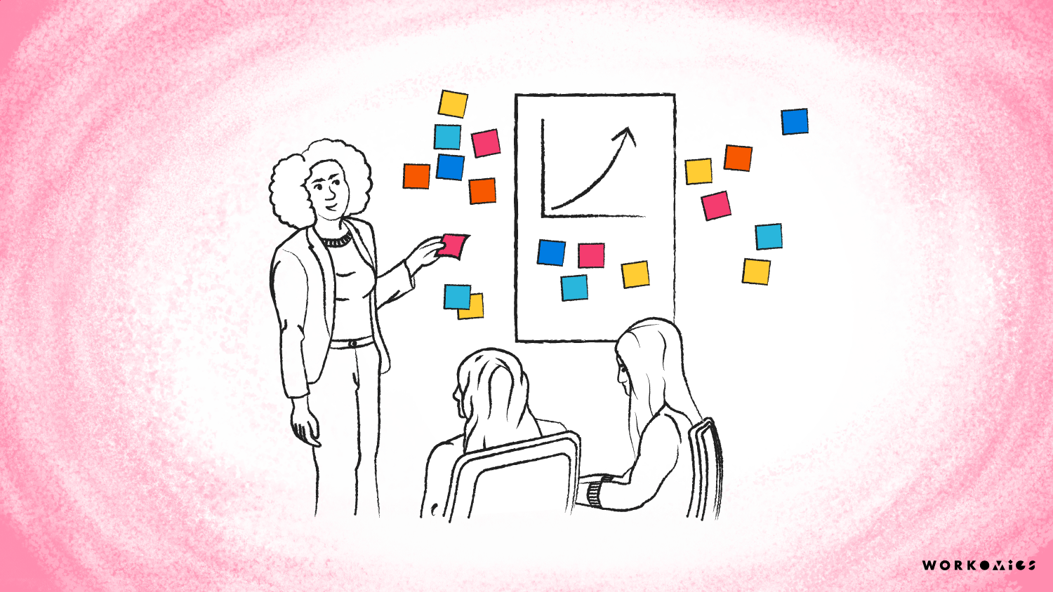 Illustration of Daisy and two people around a workshop poster with sticky notes