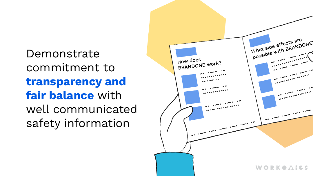 Text says: Demonstrate commitment to transparency and fair balance with well communicated safety information. The image shows patient hands holding a brochure with side effect information.