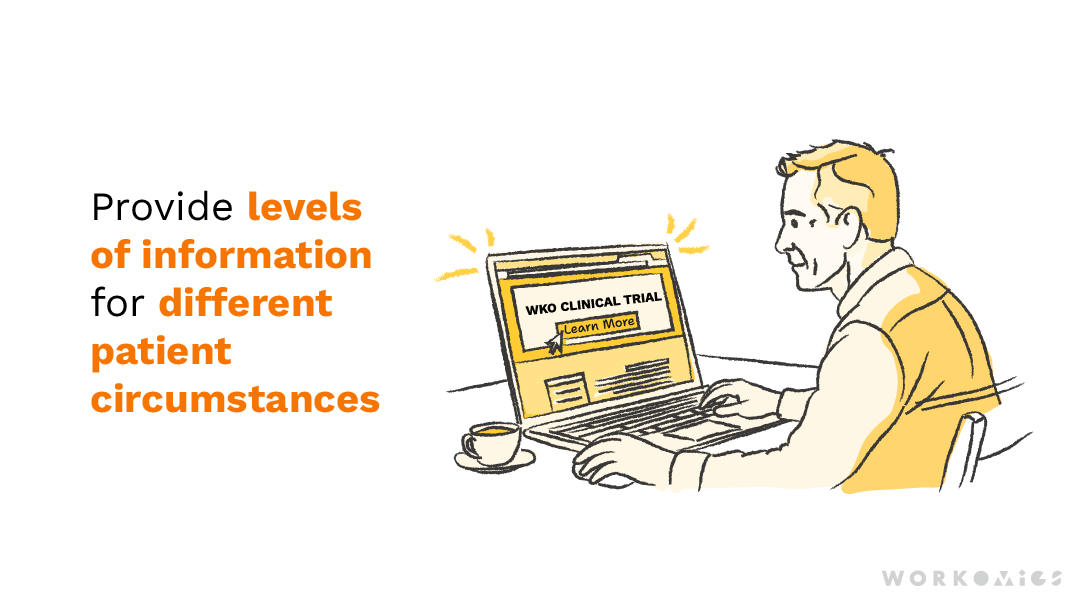 Text says: Provide levels of information for different patient circumstances. The image shows a patient exploring information on their computer.