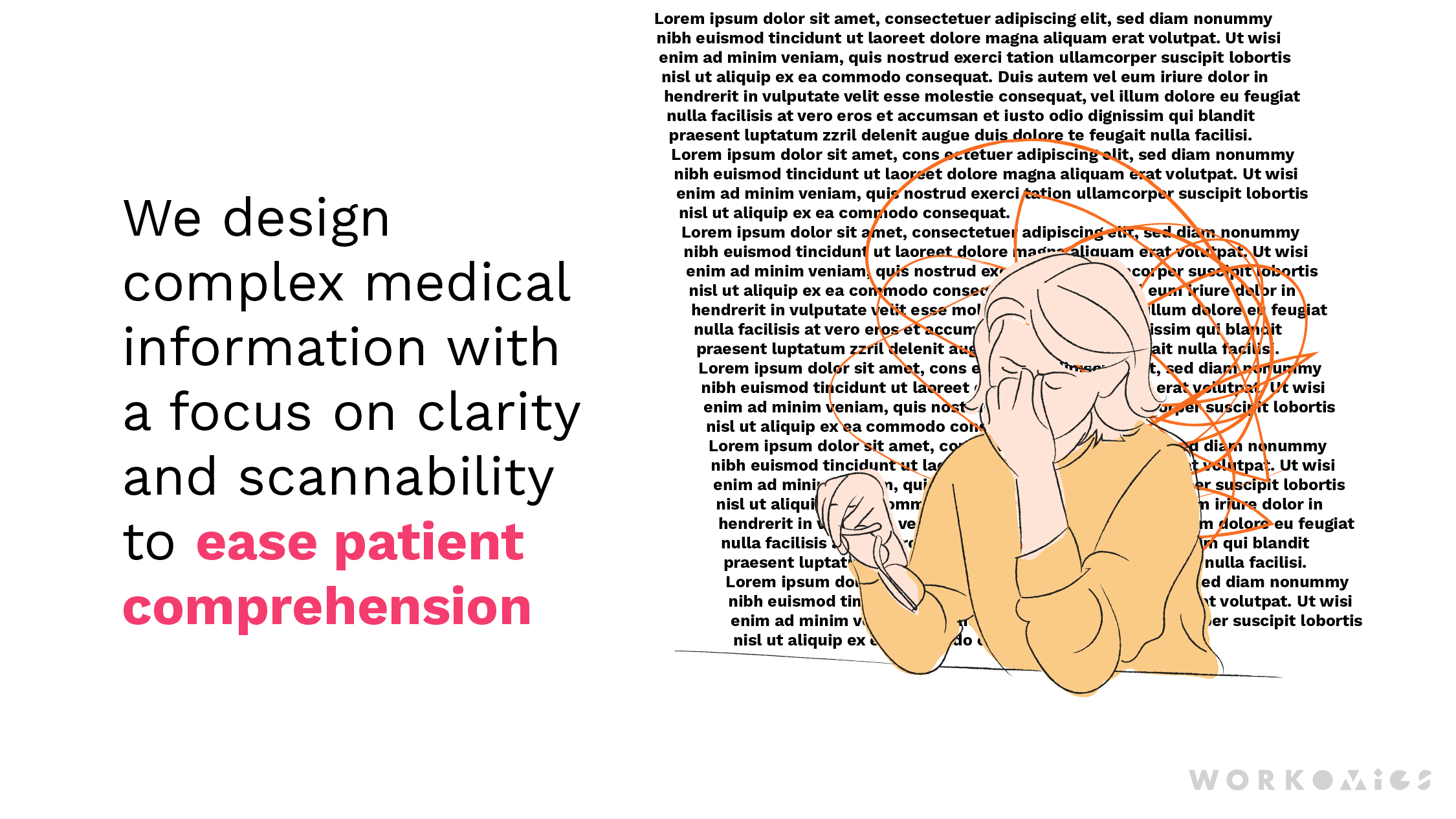 Text says: We design complex medical information with a focus on clarity and scannability to ease patient comprehension. The image shows a person sitting in front of a big block of text feeling overwhelmed.