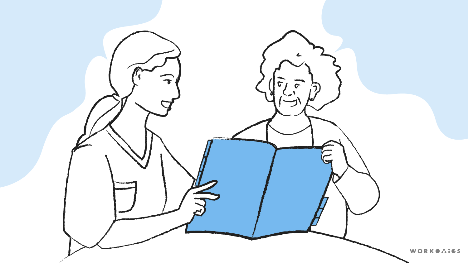 Drawing of a doctor talking to a patient while they look at a booklet together.