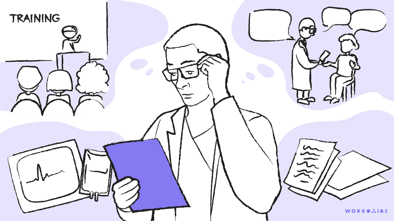 Drawing of a doctor holding a document while being surrounded by bubbles containing a training conference, a patient-doctor conversation, medical equipment, and document reams.