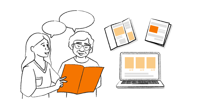 A drawing of a person working at their computer, surrounded by phone call symbols that are connected to various shapes.