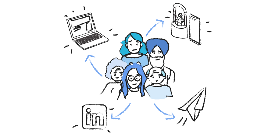 A drawing of a person working at their computer, surrounded by phone call symbols that are connected to various shapes.