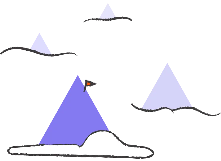 Illustration of four triangles representing a scene of mountains with hand drawn clouds at their feet.