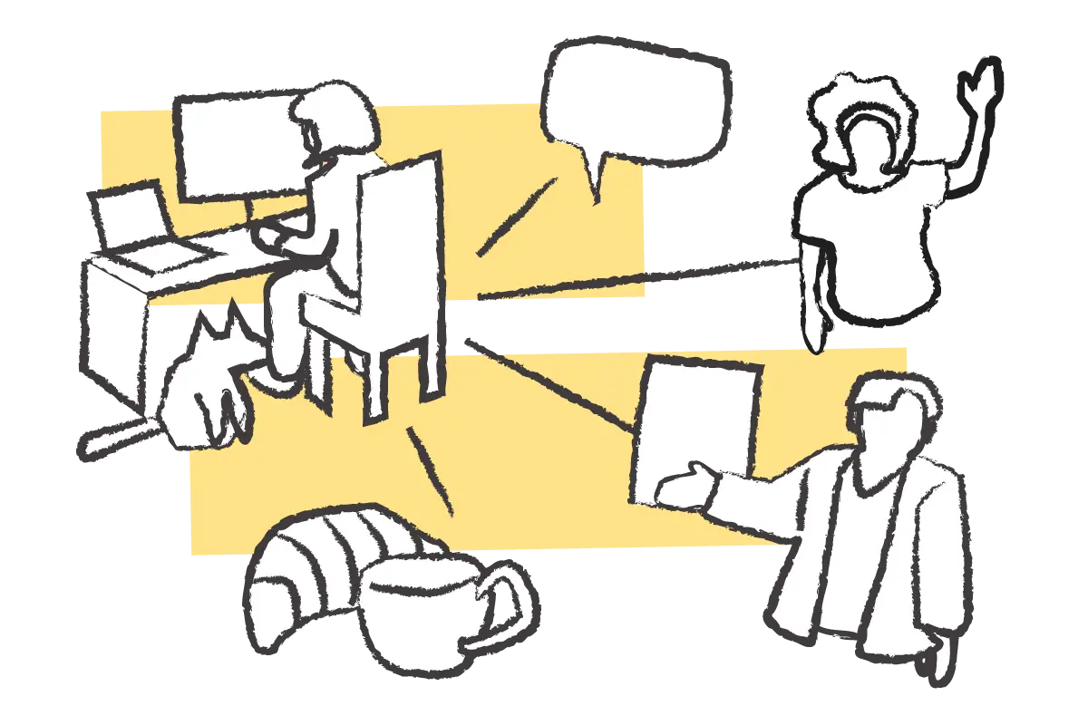 A drawing of people working, waving, and speaking with two yellow rectangles in the background.