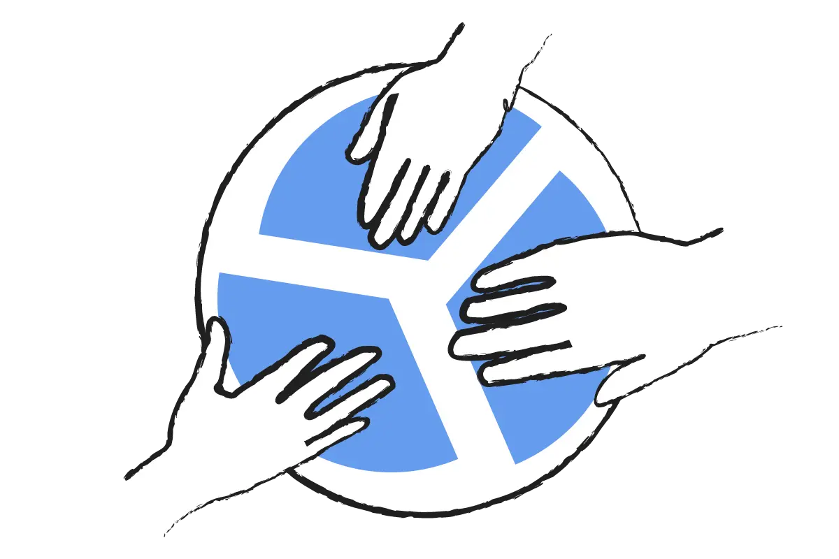 A drawing of three hands putting together three blue shapes to form a circle.