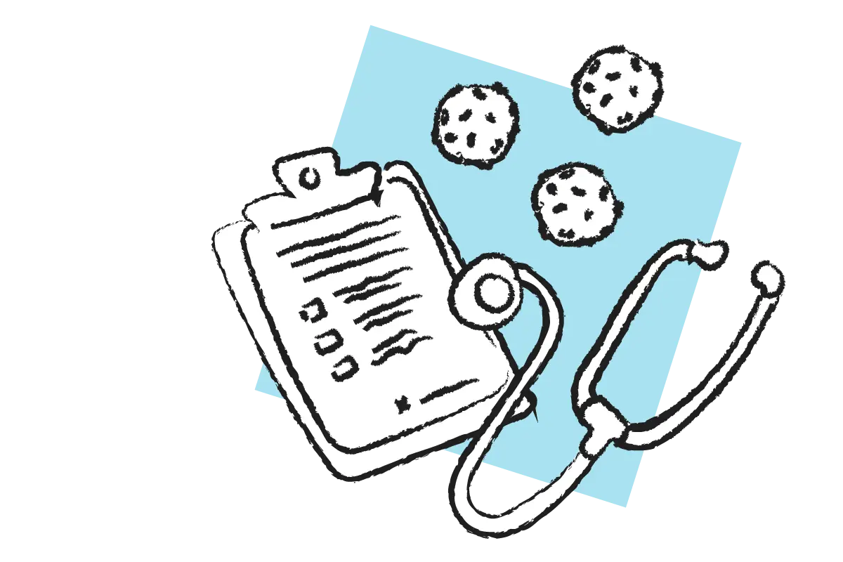 A drawing of a clipboard, some floating cells, and stethoscope with a blue square in the background. 