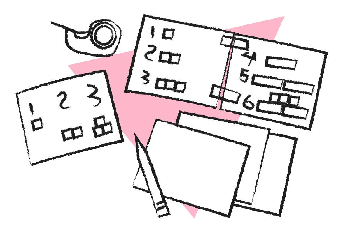 A drawing of set of paper prototypes, some blank paper, pencil, and tape with a pink triangle in the background.