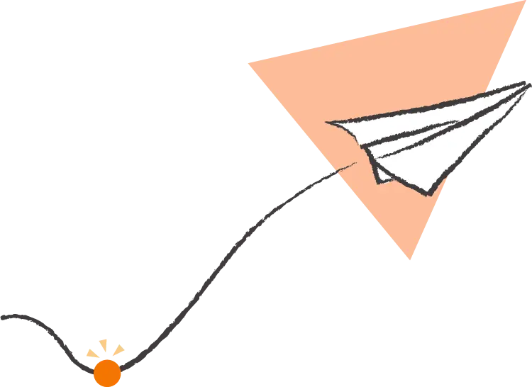 Illustration of a paper airplane transforming from an orange ball and taking off.