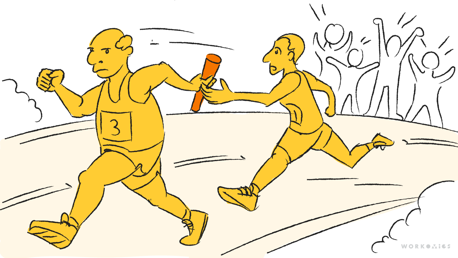 A drawing of two runners in a relay race, passing the baton.