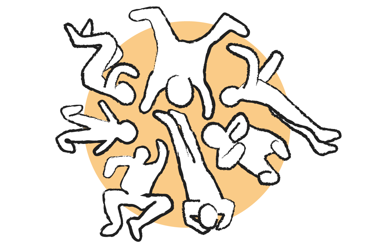 A drawing of several human figures arranged on an orange circle in the background.