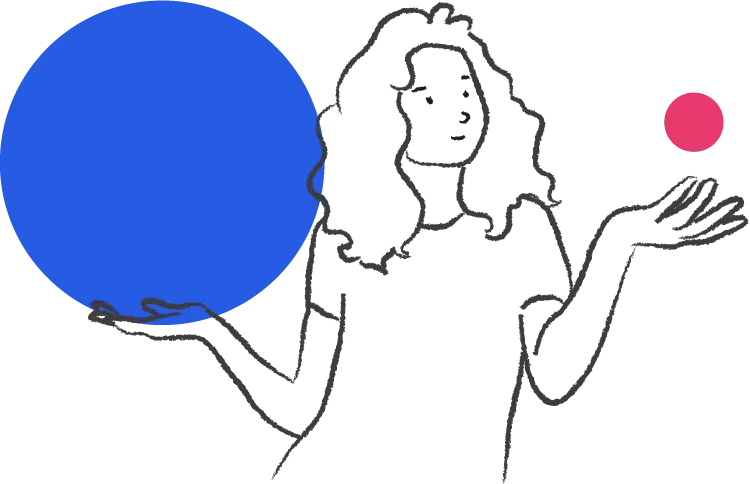 A drawing of a holding a big blue ball and tossing a smaller pink ball.