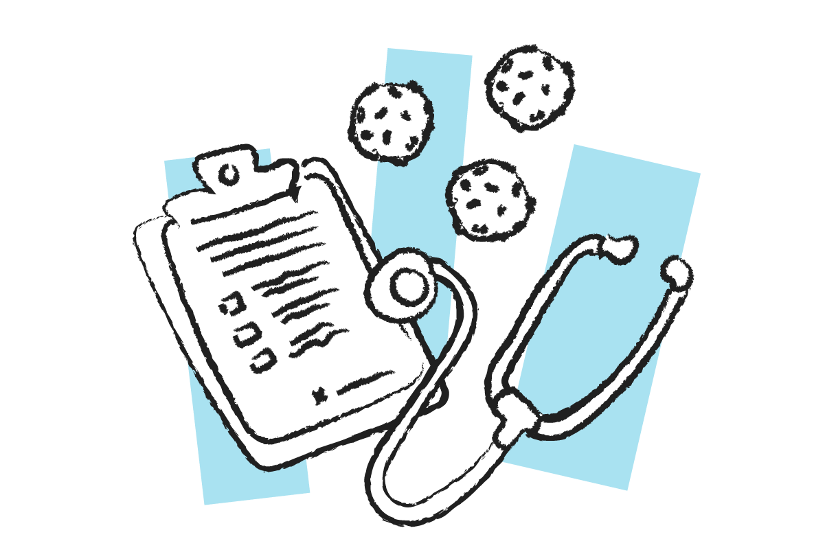 A drawing of a clipboard, some floating cells, and stethoscope with a blue square in the background.