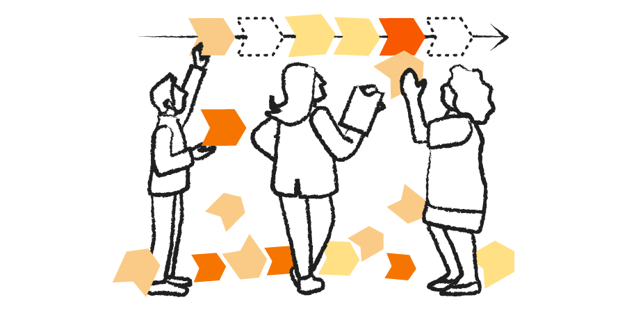 A drawing of three people standing in front of a flow chart, assembling it together.