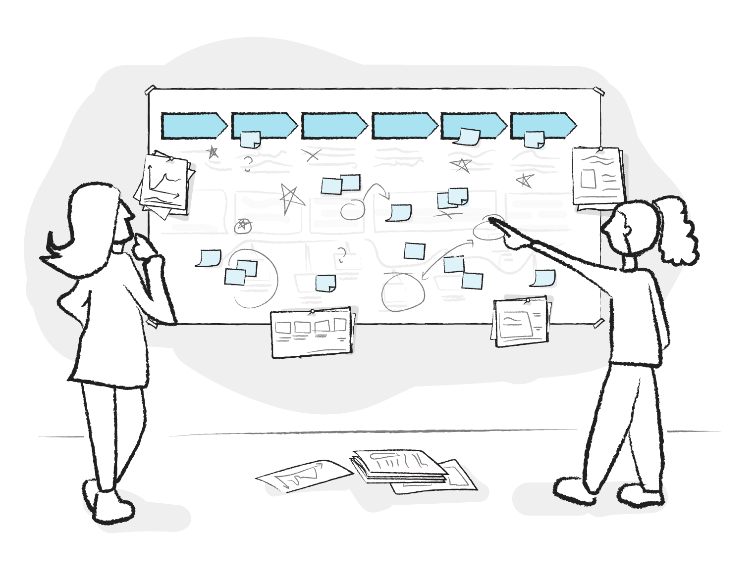 A drawing of a person working at their computer, surrounded by phone call symbols that are connected to various shapes.
