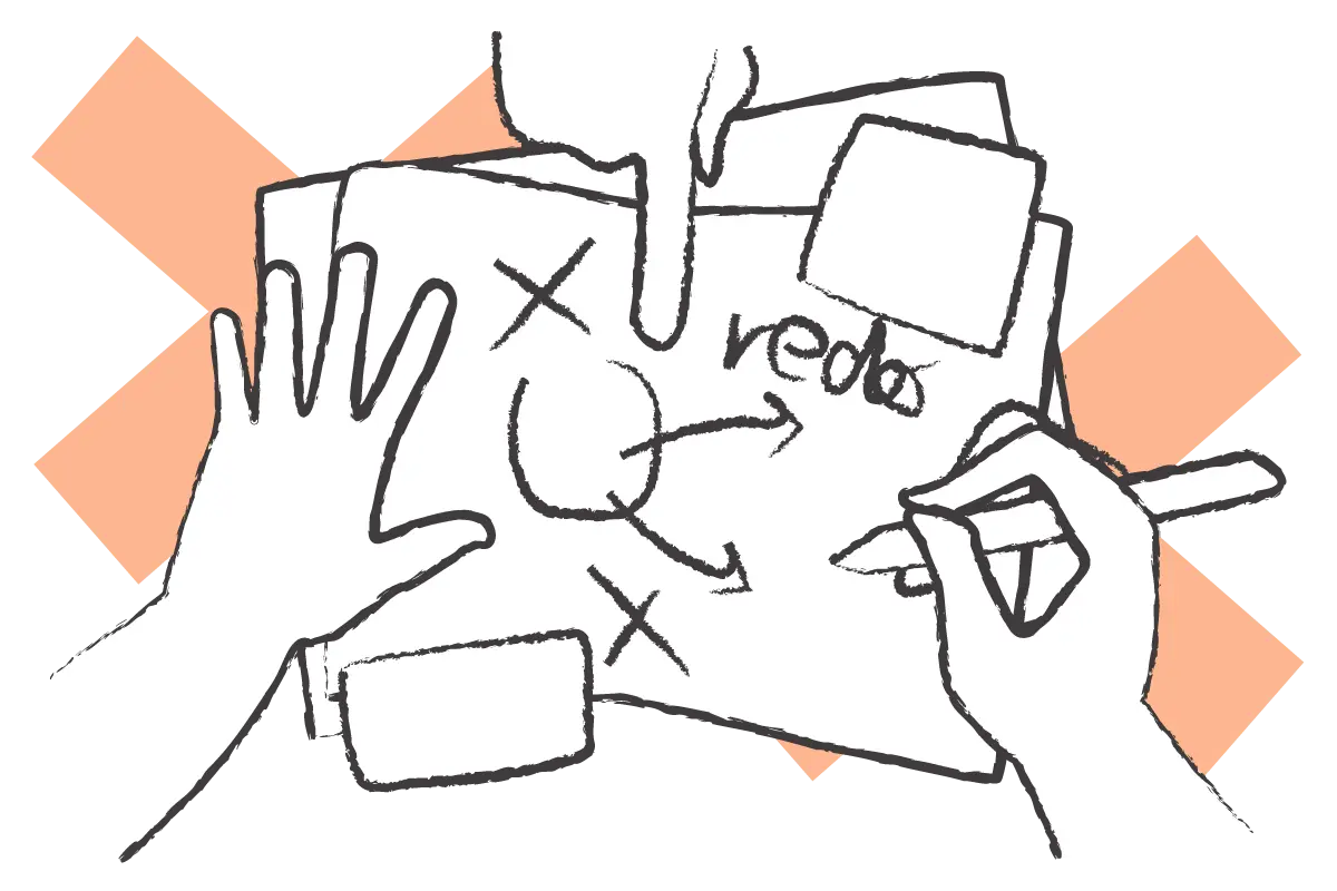 A drawing of hands pointing to and editing a diagram with "redo" written on it.