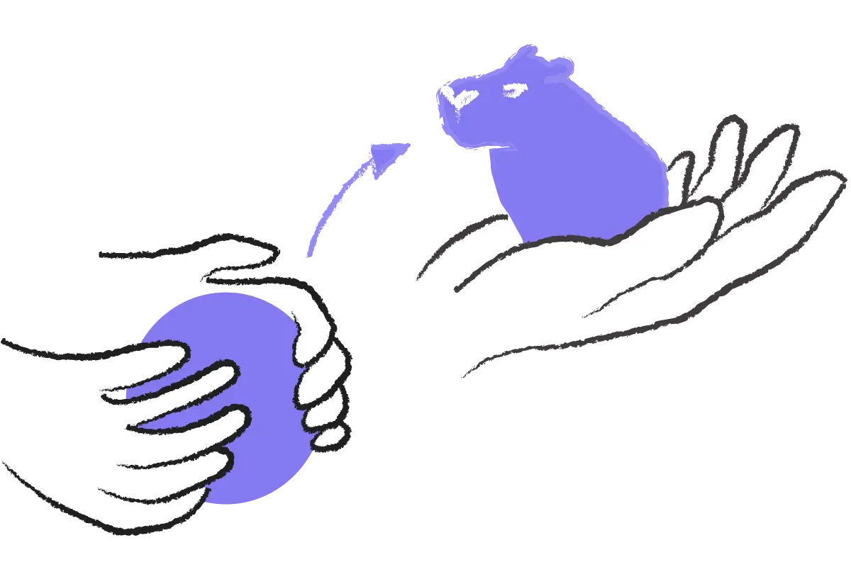 Drawing of hands sculping a purple ball into a capybara.