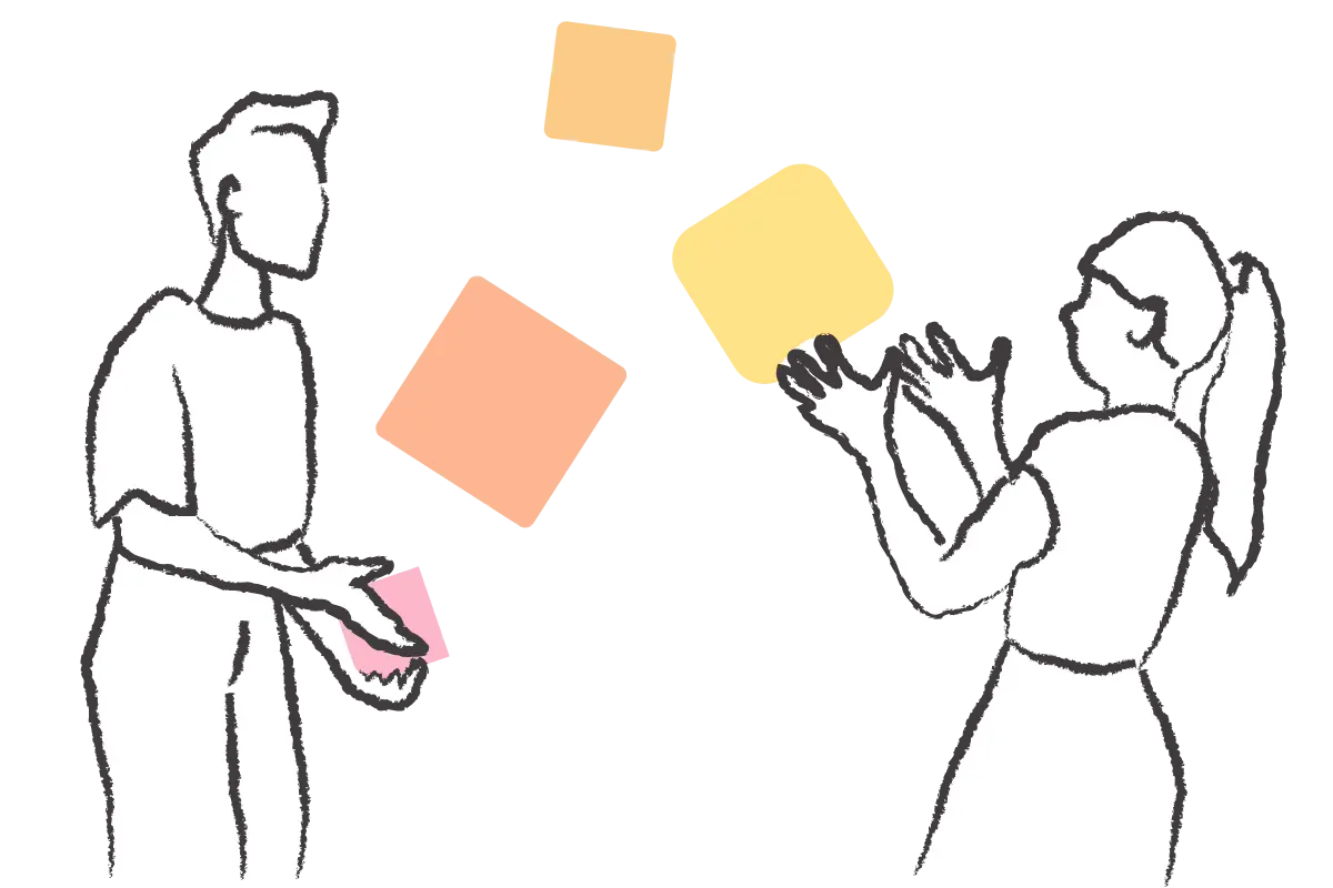 A drawing of two people juggling different coloured squares with each other.