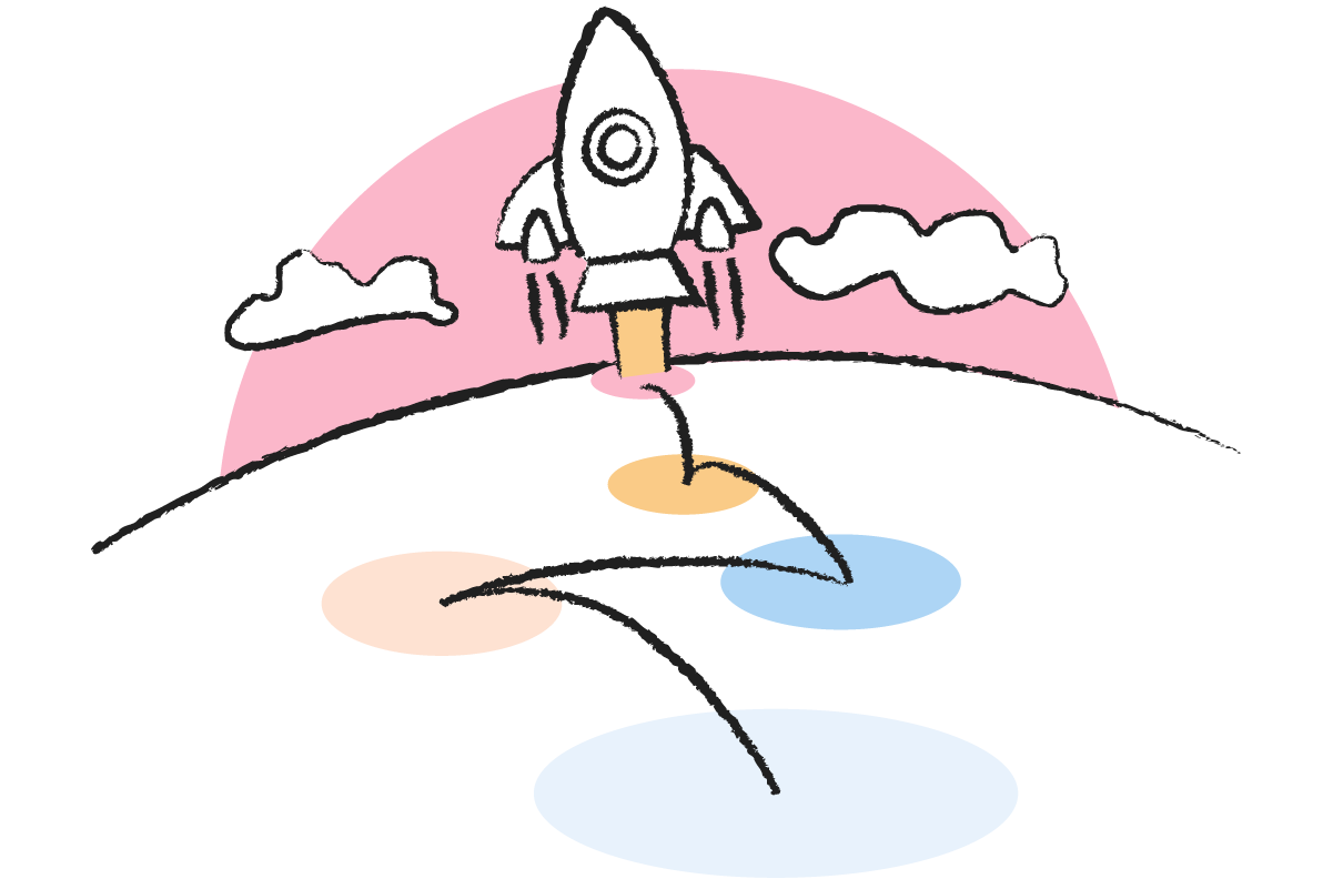 A drawing of set of paper prototypes, some blank paper, pencil, and tape with a pink triangle in the background.