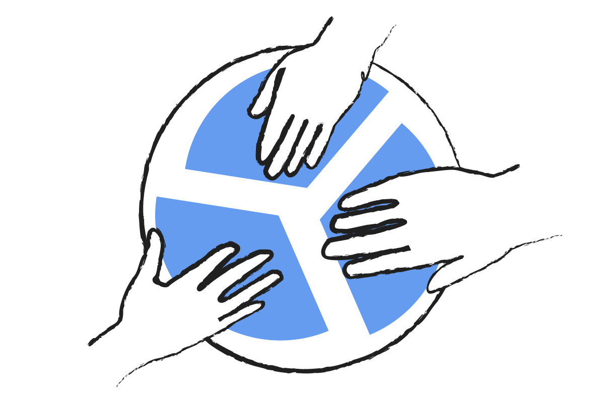 A drawing of three hands putting together three blue shapes to form a circle.