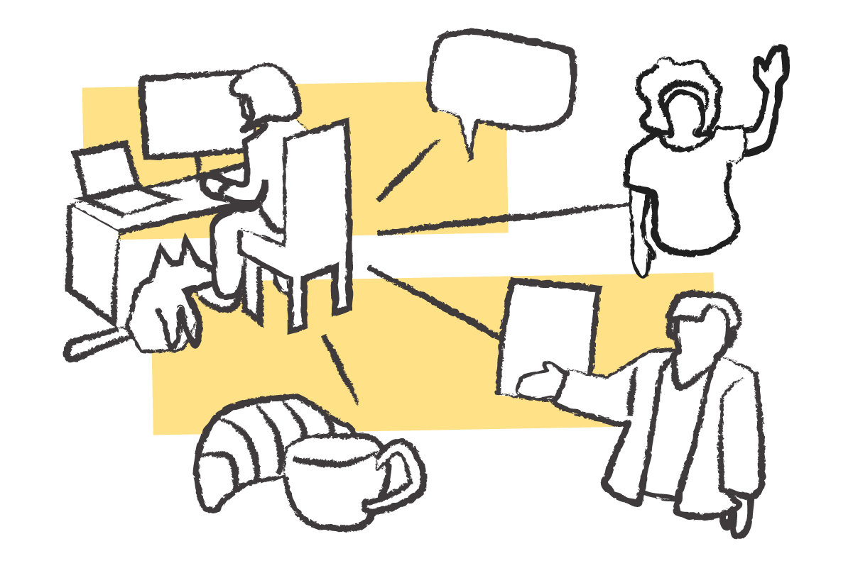 A drawing of people working, waving, and speaking with two yellow rectangles in the background.