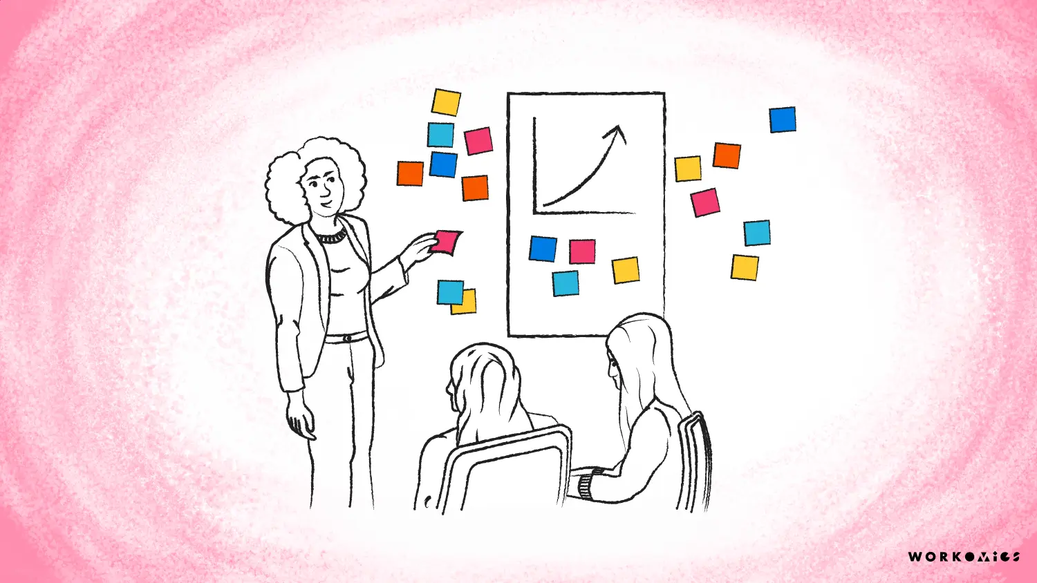 Illustration of Daisy and two people around a workshop poster with sticky notes