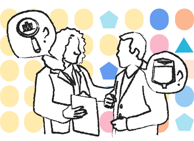 A drawing of a doctor talking to a patient about clinical trials on a backdrop that is all yellow ovals on one side, and all different coloured shapes on the otherside.