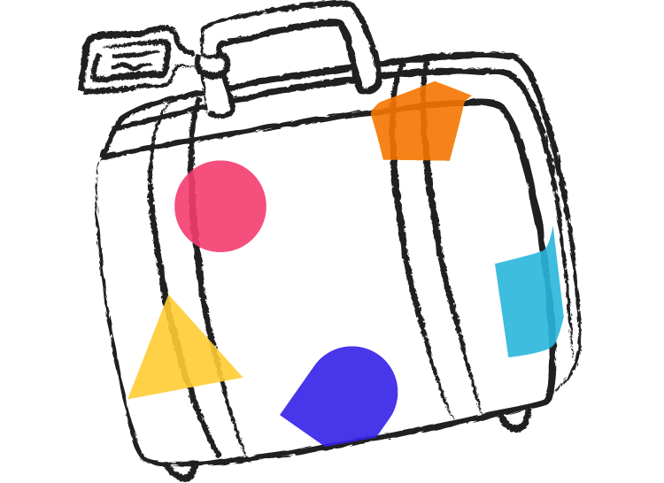 A drawing of a suitcase covered in colourful shaped stickers.