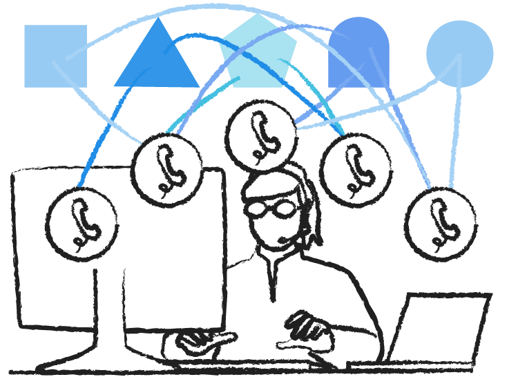 A drawing of a person working at their computer, surrounded by phone call symbols that are connected to various shapes.