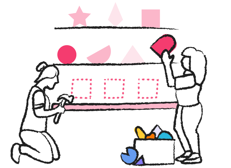 A drawing of two people working together, building shelves and stacking them with colourful shapes from a box