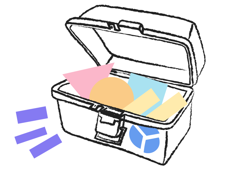 A drawing of an open briefcase, filled to the brim with colourful building blocks.