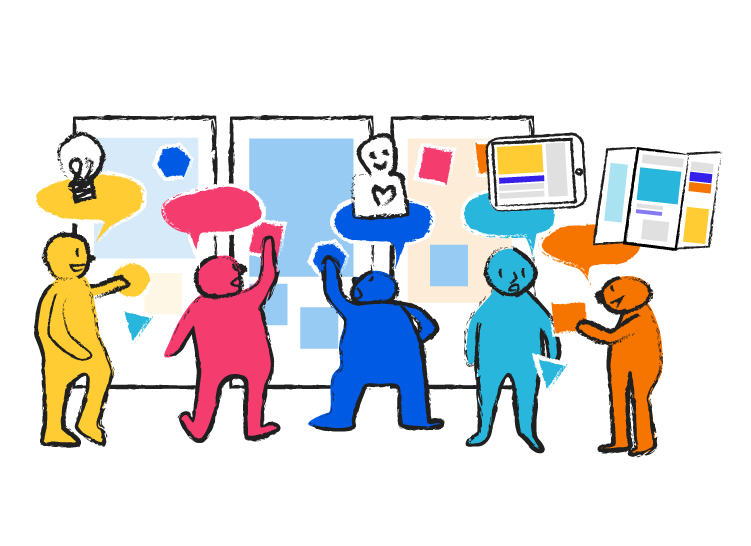 A drawing of people working, waving, and speaking with two yellow rectangles in the background.