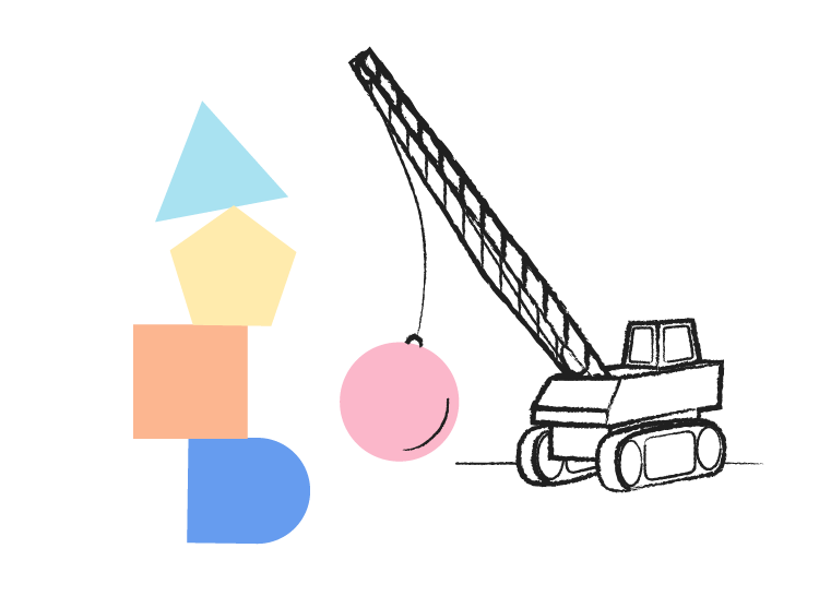 A drawing of an open briefcase, filled to the brim with colourful building blocks.