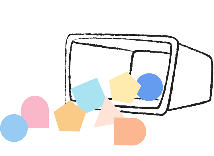 A drawing of a bucket on its side, pouring out colourful building blocks.